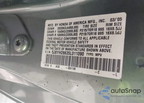 2005 Honda Element Ex z USA, uszkodzony, nr VIN 5J6YH28635L011090
